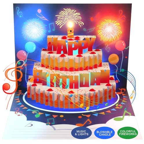 Mozmmhi Biglietto di auguri pop-up 3D di buon compleanno, musica, luci e fuochi d'artificio, con candela soffiabile, regalo di compleanno divertente per donne, uomini, mamma, papà, bambini