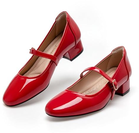 Hingswink Mary Jane Shoes - White Low Heels Dress & Casual, 2 Inch Chunky Heel, Adjustable Ankle Straps