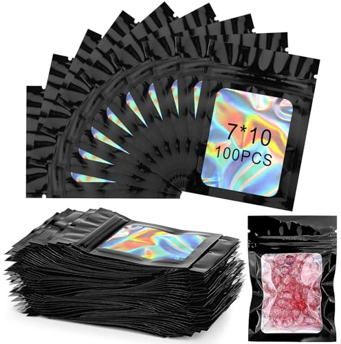 Zeawavsl Lot de 100 sachets en mylar avec fermeture éclair - En mylar refermables - Sacs polyvalents pour bonbons, biscuits, bijoux (noir, 7 x 10)