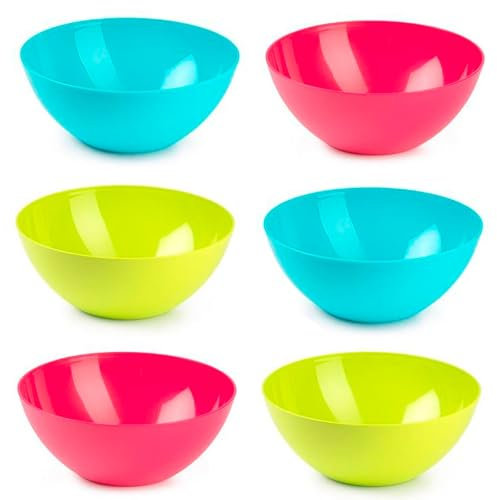 Tradineur - Pack de 6 cuencos redondos de plástico, reutilizables, aptos para uso alimentario, microondas y congelador, fabricados en España - 23 x 9,5 cm - 2,5 litros - Color aleatorio