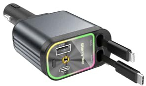 ViKKent Auto Zubehör Innnenraum – 4-Fach Ladegerät mit USB-C & einziehbaren Kabeln für Blitzerwarner, Dashcams & Handys (66W, Schwarz)