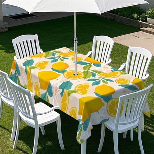 Chickwin Tovaglia da Esterno con Foro per Ombrellone e Cerniera, Stampa 3D Tovaglia Rettangolare, Antimacchia, Lavabile, Resistente per Tavolo da Giardino, BBQ, Feste (Fiore di limone 3,210x150cm)