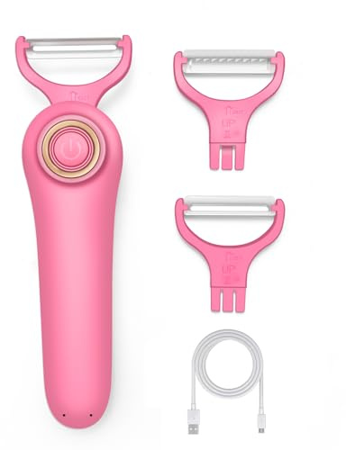 Elektrischer Gemüseschäler | Automatischer Orbital-Schäler mit 3 Edelstahlklingen | USB-Aufladbar für Kartoffeln, Äpfel, Karotten | Spülmaschinenfest & Leicht (Küche, Camping)(Rosa)