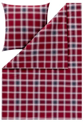 ESTELLA Bettwäsche Quirin 4448 460 Rot Kuschelflanell Karomuster Kariert Quadrate Linien Rot Grau, Größe:155 cm x 220 cm