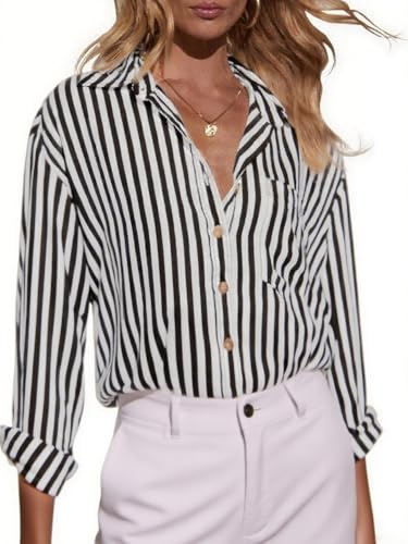 Dressmine Black Button Up Shirt Women Cotton Loose Fit Blouse Long Sleeves Spread Collared Business Casual Tops XL