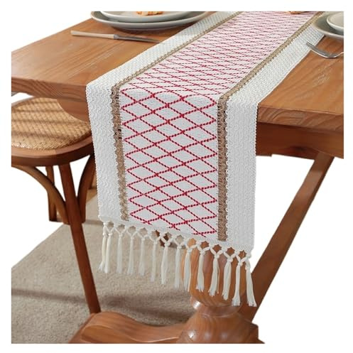 XUCZHAI Camino de Mesa de otoño, Camino de Mesa de algodón de arpillera de Granja con borlas, macramé Tejido, decoración del hogar for Mesa de Sala de Estar(Red,30x220cm)
