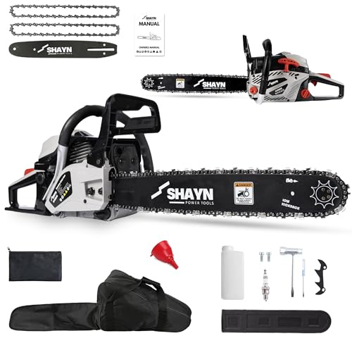 SHAYN 58cc Petrol Chainsaw - 2-Stroke Top Handle Chain Saw with 20 Bar, 2 Spare Chain, Anti-Vibration, Low-Noise, Auto Oiler, Toolkit & Carry Bag - Lightweight Garden Saw with 3-Year Warranty
