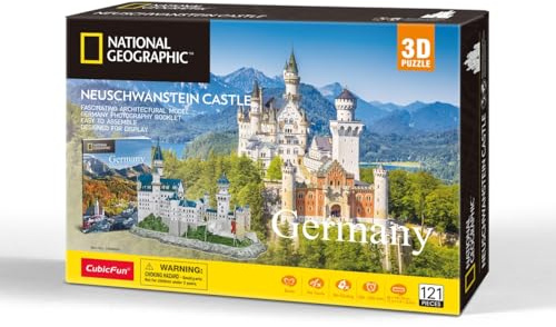 CubicFun 660990 National Geographic 3D Puzzle, Schloss Neuschwanstein, 3D Modell Bastelset mit 121 Teilen, Modellbausatz für Kinder ab 8 Jahren