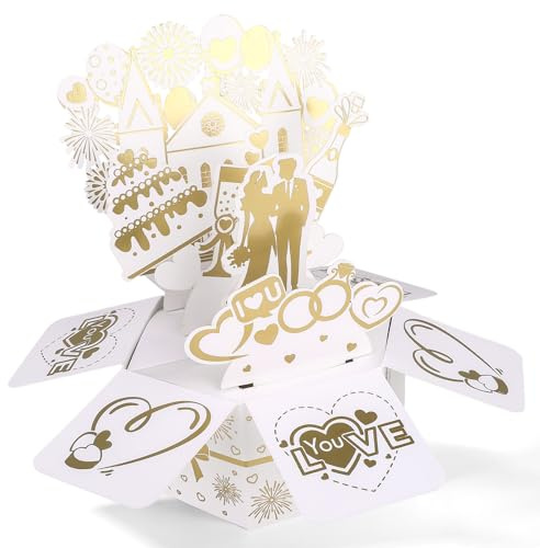 Lustige Pop-up Hochzeitskarte, 3D Pop-up Grußkarte mit Umschlag Verlobungskarten für Braut und Bräutigam Hochzeitsgeschenke Partydekor (Weiß und Gold)
