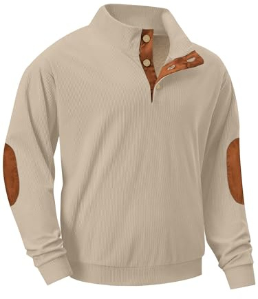 QIXING Sweat-shirt en velours côtelé pour homme avec col boutonné 1/4 et doublure polaire thermique coudières, J07 Kaki, XL