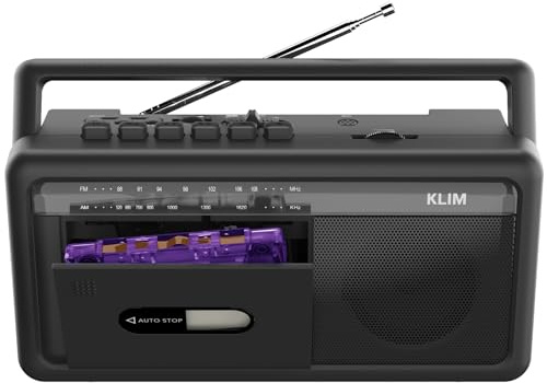 KLIM Reproductor Cassette Boombox, Radiocasete Am/FM, Bluetooth, Grabadora Cassette, USB, Altavoz, Salida Auriculares, Funciona con Pilas o Corriente, Diseño Portátil Retro - Negro