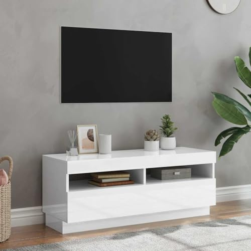 Mandloder Meuble TV blanc brillant, 100 x 35 x 40 cm, avec éclairage LED RVB, console multimédia, support TV stable pour salon, design moderne centre de divertissement