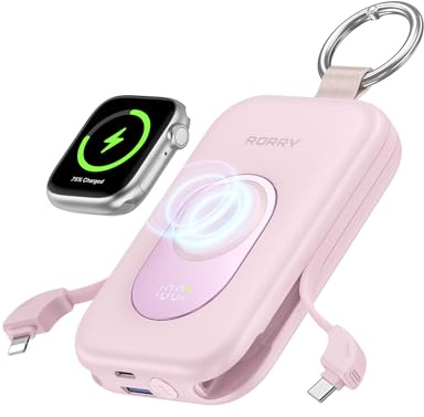 RORRY powerbank, Power Bank 20 000 mAh 30 W PD snabbladdning, bärbar laddare med 2 integrerade kablar, externt mobiltelefonbatteri med nyckelring, rese-Essential för iPhone, Apple Watch, iPad, rosa