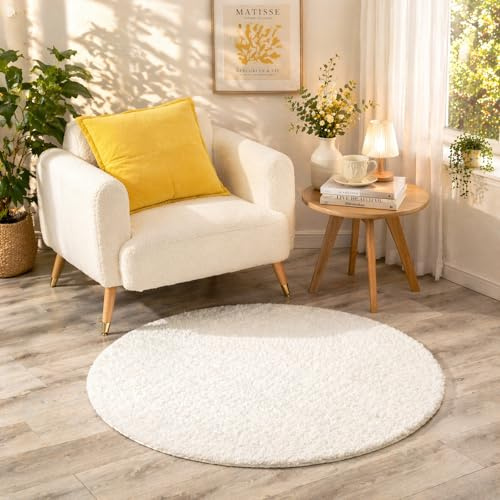 Goolela Teppich rund Weiß 90 cm, Runder Flauschiger Hochflor Teppich in Kunstfell-Optik, Weich