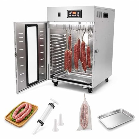 aromaoveite Essiccatore Alimentare in Acciaio Inox con Display LED, Cella Stagionatura Salumi, Essicatore Alimenti Professionale con 14/30 Ganci, 30-90°C, Timer 24h per Carne, Salsicce E Biltong 15KG