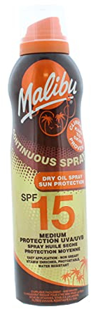 Malibu Sun SPF 15 Continuous Dry Oil Spray for Tanning with Shea Butter Extract, Medium Protection, Water Resistant, 175ml