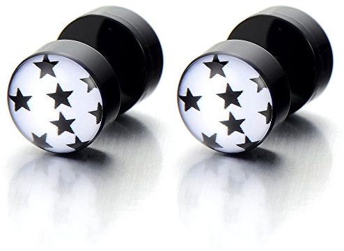 8MM Negro Círculo con Estrella, Enchufe falso Fake Plug, Pendientes de Hombre Mujer, Aretes, 2 Piezas