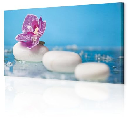 decomonkey - Impression sur Toile Fleurs Spa 150x50 1 Pièce - Tableau Décoration Appartement Déco Salon Peinture sur Toile Fleurs de pierre blanche orchidées bleues orienter l'eau zen