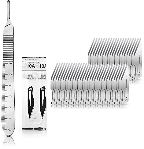 Set - 50 Stück Skalpellklingen Figur 10A aus Karbonstahl - Ersatzklingen einzeln steril verpackt + 1 x May - Skalpell-Halter mit 13 cm langem Griff inkl. Meßskala in cm - Edelstahl