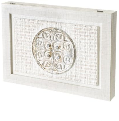 Tapa para contador de luz con mandala en relieve pintado a mano, 50x6x35c | Modelo color blanco para tu recibidor. Cuenta con una práctica puerta abatible que oculta el cuadro eléctrico con elegancia