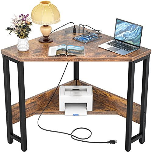 Armocity Corner Small Desk with Outlets Corner Table for Small Space Industrial Computer Desk with USB Ports Triangle Desk with Storage for Home Office, Workstation, Living Room, Bedroom, Rustic