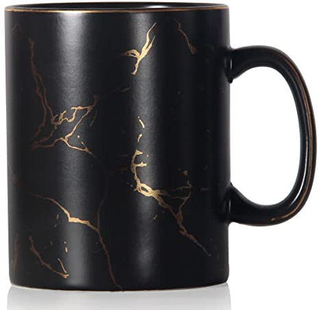 SHOWFULL 22oz Luxury Gold Pattern Inlay Exter Large Coffee Mug, 650ml Classic Ceramic Marble Tea Cup with Handle for Men Women, Matte Black