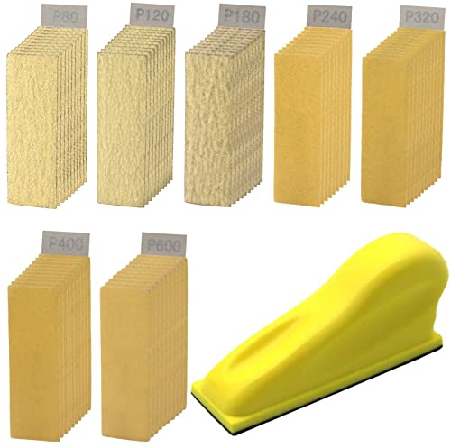 70 Sheets Micro Detail Sander Paper Kit, 3.5”x 1”Hand Sanding Block for Small Projects Wet Dry Hook & Loop Alumina 80 to 600 Grit Sandpaper for Crafts Wood,Tight Narrow Spaces Metal Finishing