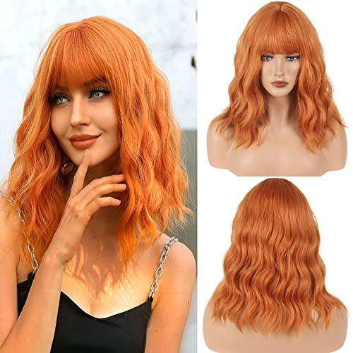 Cybelleza Perücken Damen Kurze Lockige Bob Perücken mit Pony für Frauen 35cm Schulterlange Gewellt Wellige Natürliche Synthetische Haar Perücken für Mädchen Party Kostüm Cosplay Wig, Dunkelorange