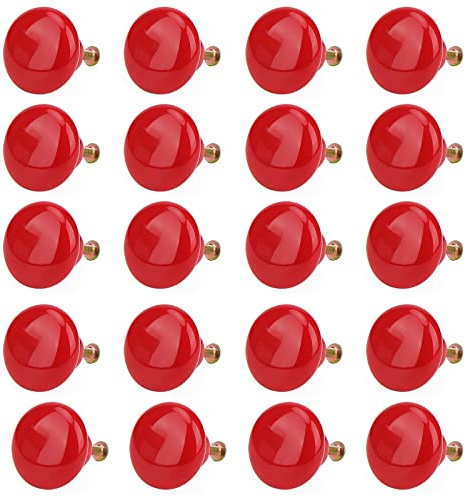 JAPCHET 20 Stück rote Keramik-Schrankknöpfe, 3,2 x 2,4 cm, rote Keramik-Türknäufe mit 20 Schrauben, runder Keramik-Türknauf für Schrank, Schublade