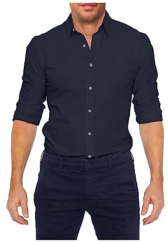 KONG JIMFAN Freizeithemden Für Herren Long Sleeved Weißes Tshirt Mit Verstecktem Reißverschluss Tshirt Button Umlegekragen Polyester Tshirt Herren Einfarbig Kragenstäbchen Hemd,Marine,XL