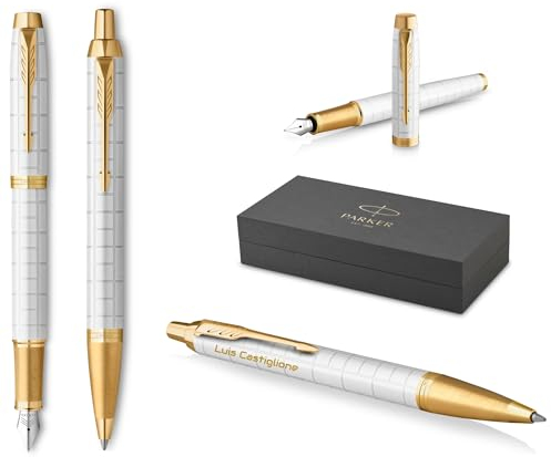 PARKER IM Premium Füllfederhalter und Kugelschreiber mit Gravur | Premium Stift | Geschenkbox | blaue Tinte | personalisiertes Geschenk | Jahrestag | Geburtstag (Pearl G.C.)