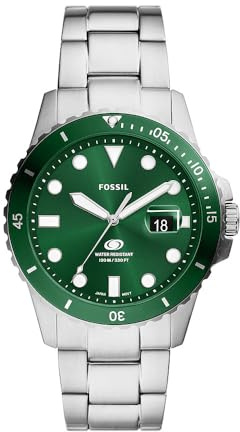 FOSSIL Blue Watch for Men, Quartz Movement with Stainless Steel or Leather Strap,Green and Silver Tone,42 mm