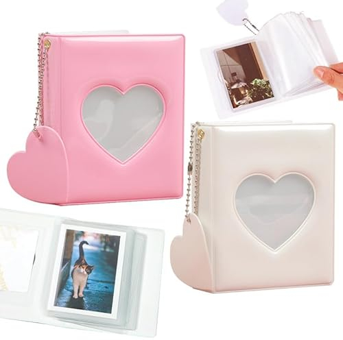 BetterJonny Mini Fotoalbum 3 Zoll Liebesherz Hohl, 2PCS Fotohüllen mit Anhänger, Kpop Photocard Binder Fotokartenhalter Klein Fotobuch Fotokartenbinder, Weiß und Rosa