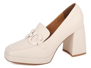 QUEEN HELENA Mocassini con Tacco Largo Scarpe Eleganti con Fibbia Donna ZM9616 (Beige, Sistema Taglie Calzature EU, Adulto, Donna, Numero, Media, 40)