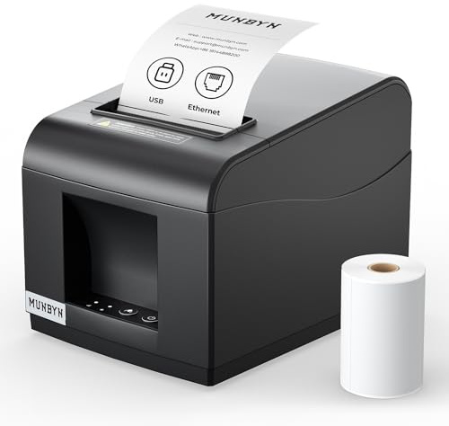 MUNBYN Imprimante de Reçus Thermique USB 80mm, Imprimante Ticket de Caisse Ethernet, POS de Cuisine de Supermarché avec Support de Coupe Automatique pour Windows/Mac/Linux, Command ESC, Noir