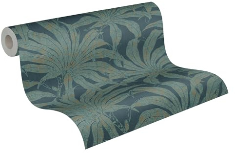 A.S. Création Blätter-Vliestapete – Petrol, Gold, Blau – 10,05 x 0,53 m | Florales Blätter-Motiv als natürlicher Blickfang – matte Motivtapete, einfach zu verkleben & spurlos abziehbar