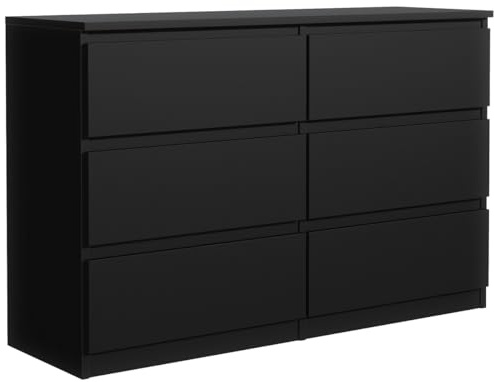 MebLocker Kommode 140 cm, 6 Schubladen, Schwarz | Sideboard, Wohnzimmer Flur Schlafzimmer, Moderne Schlafzimmermöbel, Kommodenschrank 138,6x78,5x39 cm