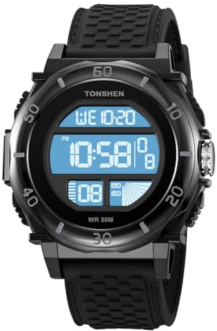 TONSHEN Hombre Digital Relojes LED Electrónica Semana Alarma Cronómetro Outdoor Militar Deportivo Reloj de Pulsera Plastico Caja y Goma Correa Impermeable