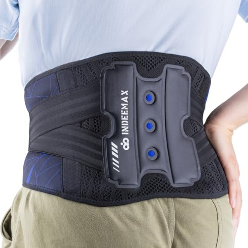 INDEEMAX Low Back Support Belt for Man and Women, Breathable Lumbar Support Belt for Sciatica, Scoliosis, Herniated Disc, Ergonomic Back Brace for Daily Work with 4 Support Strips, M