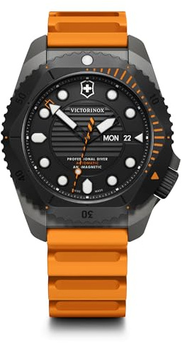 Victorinox Herren Armbanduhr Dive Pro Automatic Ø 43 mm, Swiss Made, Automatik, Wasserdicht bis 300 m, Saphirglas, Kautschuk-Armband, Orange