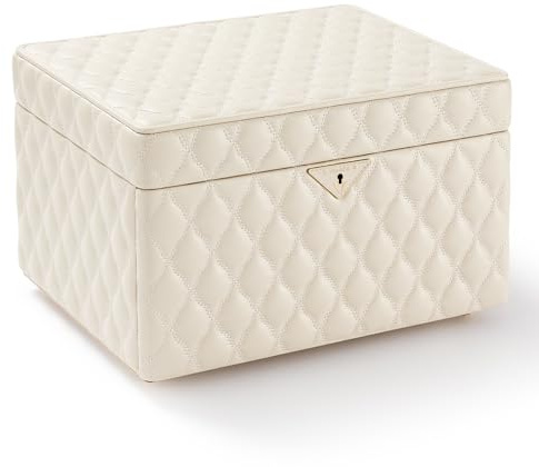 Vee Schmuckkästchen,Schmuckkasten Diamant gestepptes Leder Schmuckbox,Schmuckaufbewahrung mit großer Spiegel,viel Stauraum,abschließbar,Geschenkidee(Beige, Mittel-30 * 21.8 * 17.7cm)