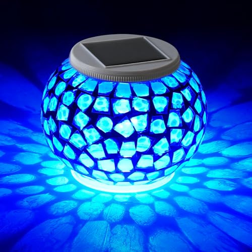 WSgift Color Changing Solar Powered Glass Mosaic Ball Led Garden Lights Rechargeable Outdoor Waterproof Solar Night Lights Table Lamps for Decorations Blue