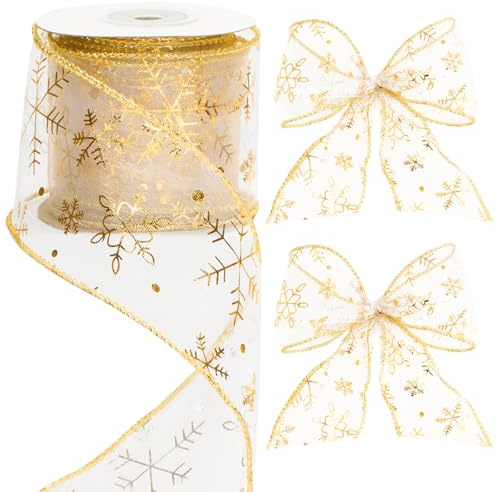 jijAcraft Organzaband Weihnachten 6cm Breit, Geschenkband mit Draht Gold, 10 Yards Schneeflocke Organzaband, Glitzer Weihnachtsband für Geschenkdeko, Kranz, Handwerk, WeihnachtsSchleifenherstellung