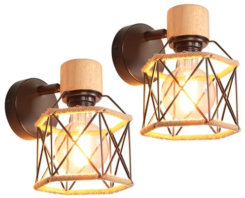 iDEGU 2 Piezas Lámpara de Pared Vintage 15CM Aplique Pared Interior de Madera Metal Industrial Diseño con Cuerda de Cáñamo E27 Iluminación Ajustable Lámpara de Techo para Salón Pasillo Café (Negro)