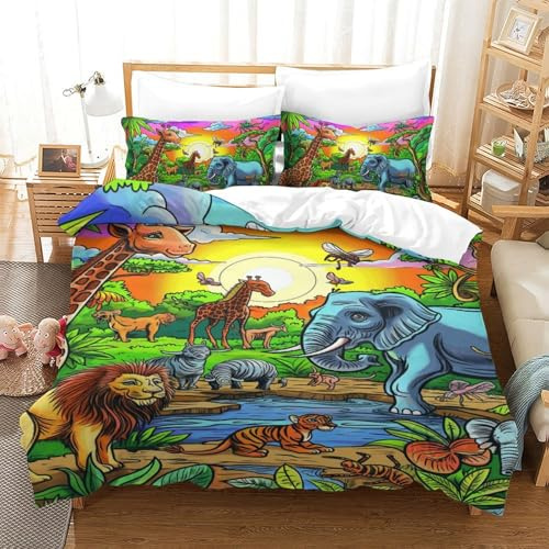 Lorolivier Jungle Animals Set Di Biancheria Da Letto Stampato in 3D Con Federa, Fodera Per Piumino Da Con Chiusura A Cerniera, Microfibra Morbida Adatto A Bambini Adulti Single（140x200cm）