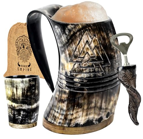 Viking OX Horn Mug,16–20oz (Valknut with Rings) Ox Horn Cup & Coffee Stein | Stylish & Handmade Present for Men and Women, Home Accessories | Shot Glasses for Mead, Ale, Whisky and Beer Cup…
