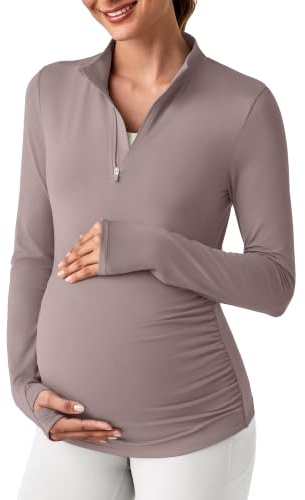 G4Free Maternity Tops Sports T-Shirt Workout UPF 50+ Sun Shirts | Ruches,Soft,Half zip,Pregnancy rash guard,With thumbholes,Activewear for gym,yoga,running