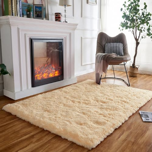 Obundi Beige Wohnzimmerteppich 120x160cm Teppich für Schlafzimmer | Flauschig, Hochflor 4-5 cm, Rutschfeste, Hochwertiger Schaumstoff, für Wohnzimmer, Kinderzimmer, Babyzimmer
