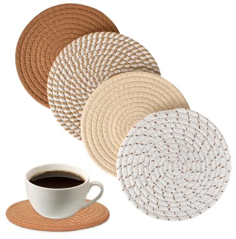 4 Stück Topfuntersetzer, Untersetzer Baumwolle Faden Weben Matte Isolierte Platzset 4 Farben Runde Geflochtene Untersetzer Heißer Topf Halter Tischsets für Küche Töpfe, Pfannen und Teller (Braun)