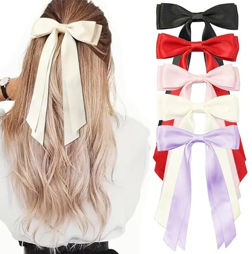 5 Stück Haarschleifen aus Satin – Große Schleifen mit Metallclips für Damen und Mädchen, Haarschmuck für Hochzeit, Party und Alltag, Elegante Haarklammern in Rot, Schwarz, Rosa, Lila, Beige